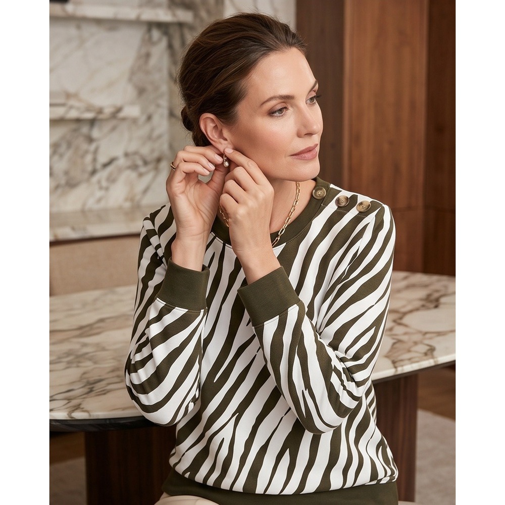 Talbots PL Petite Zebra Print Sweatshirt Brown White Button Shoulder